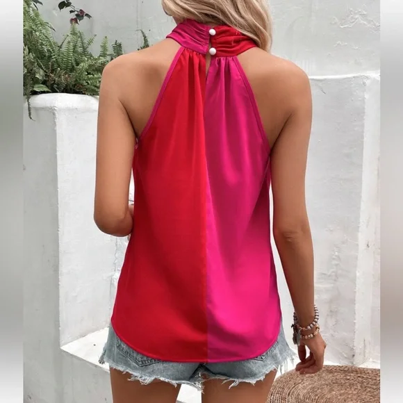 2 Tone Color Block Crisscross Halter Top Blouse Shirt - Picture 3 of 6